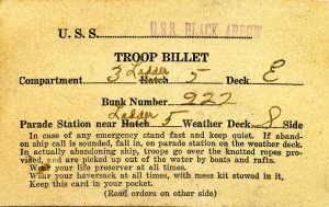 Julius Wagner's troop billet card, assigning him to his bunk on board the U.S.S. Black Arrow.
