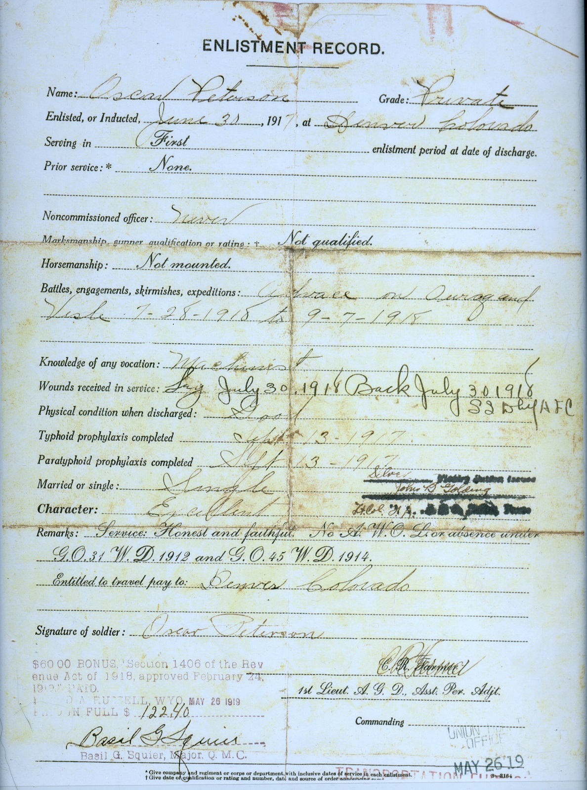 The enlistment record for Oscar Peterson